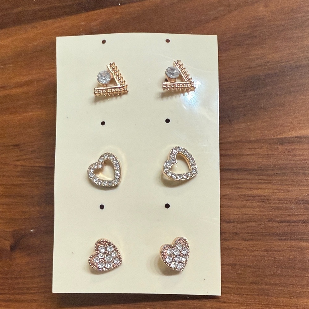 NWT Hearts Abstract Tiny Gold Tone Clear Rhinestone Stud Style Earrings 3 pairs